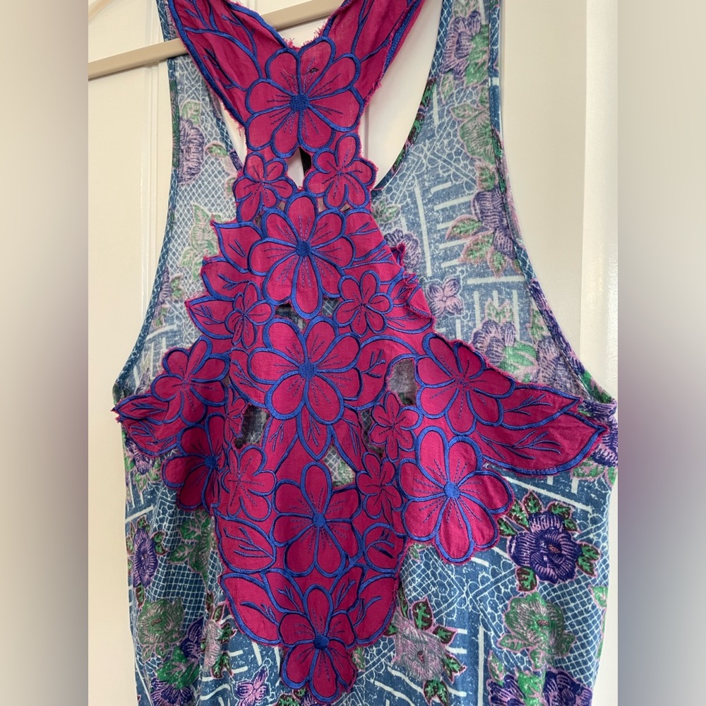 Free People Embroidered T- Back Tie Waist Tank Top, Size Small